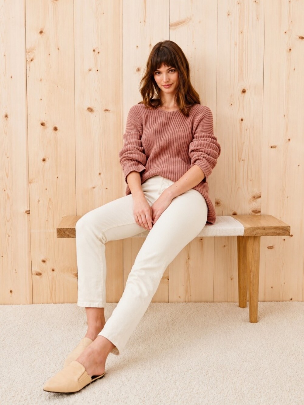 NWT Jenni Kayne Cotton Cabin Sweater Rose Pink V-Neck Chunky Knit Large - Picture 3 of 7
